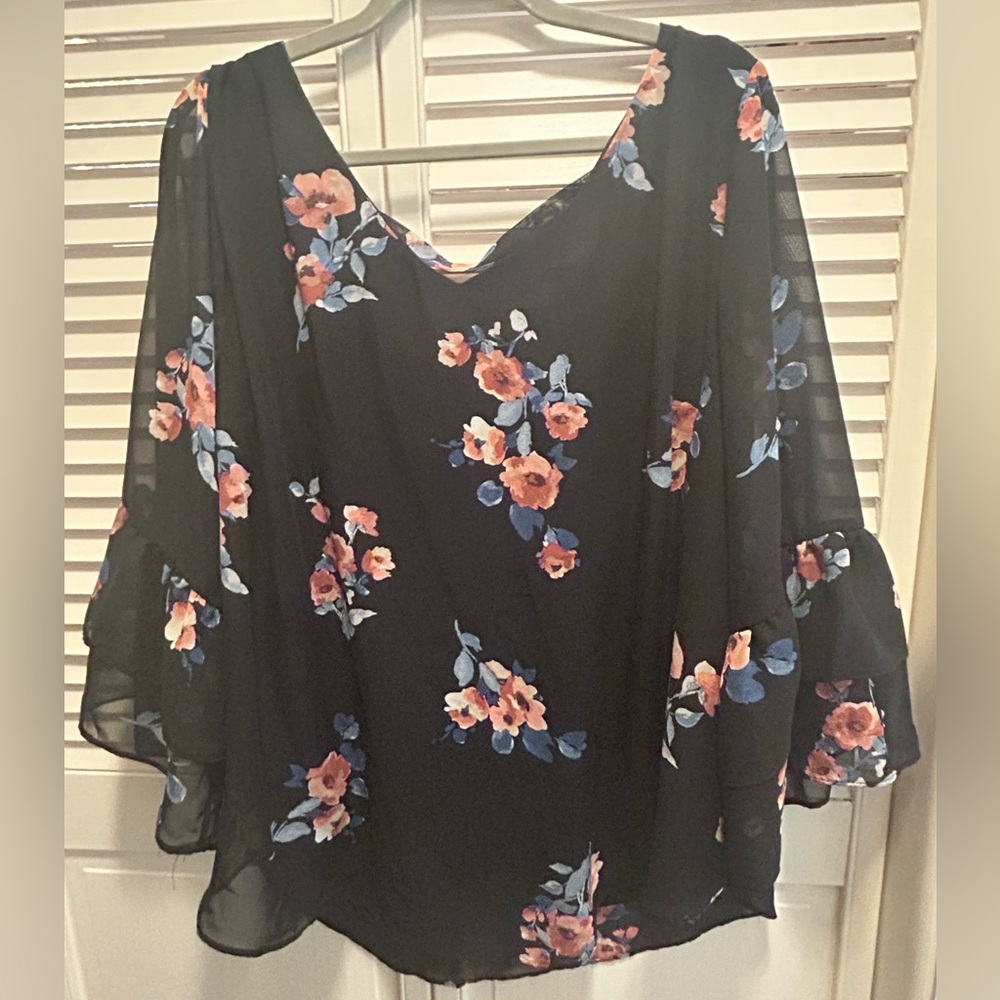A. Byer Black Chiffon Top with Floral Accents